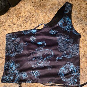 Rue 21 Tiffany Blue Dragon and black lace up one shoulder crop tank L
